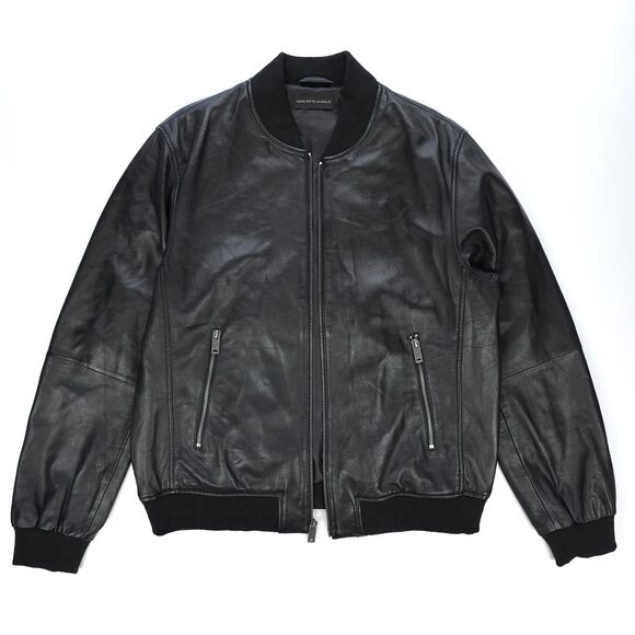 SAKS FIFTH AVENUE Leather Bomber Jacket Minimal Moto Flight Aviator Quiet Luxury